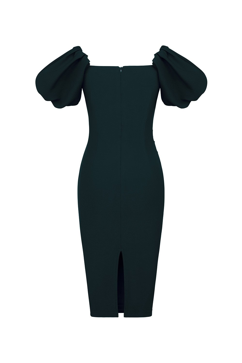 Calista Padded Puffy Sleeves Ruched Midi Dress in Emerald Green