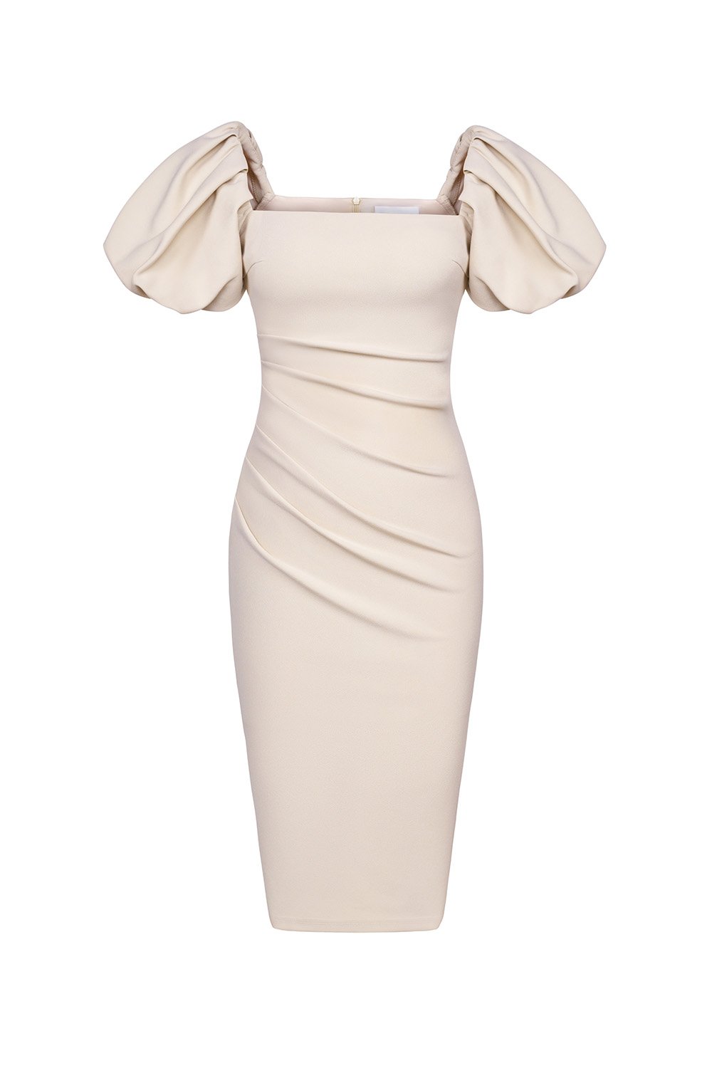 Calista Padded Puffy Sleeves Ruched Midi Dress in Ivory