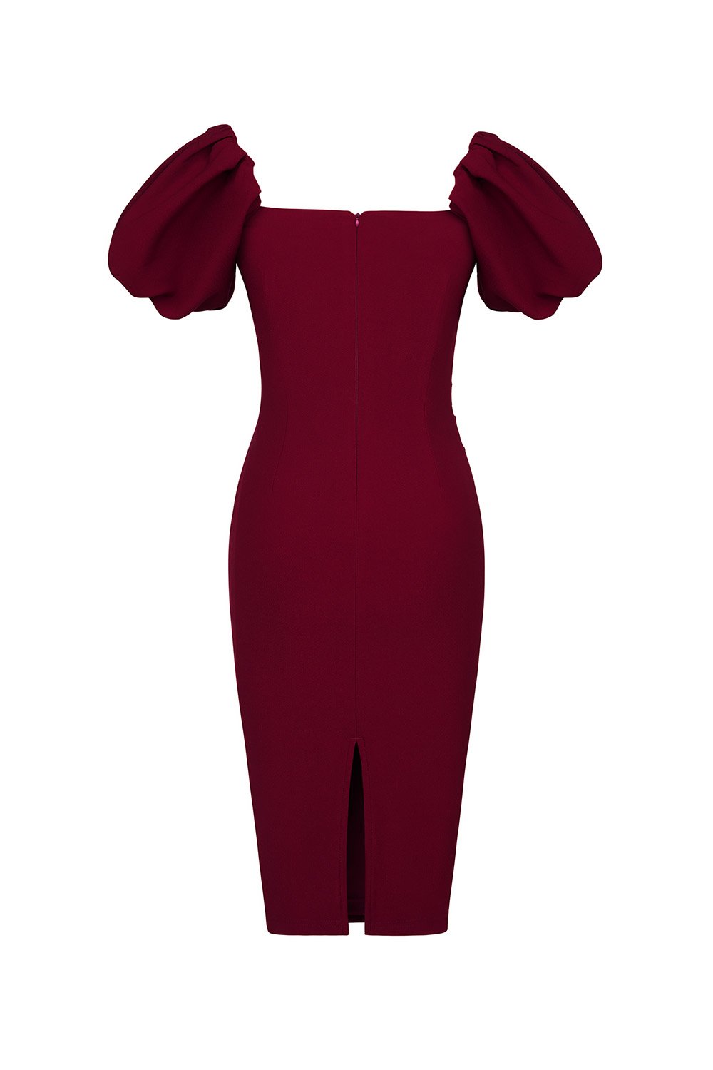 Calista Padded Puffy Sleeves Ruched Midi Dress in Wine Red