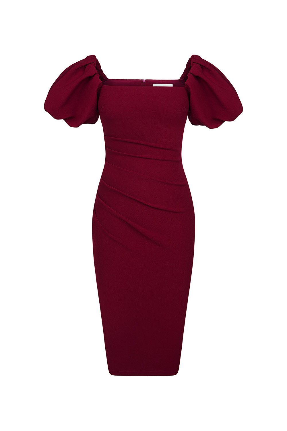 Calista Padded Puffy Sleeves Ruched Midi Dress in Wine Red