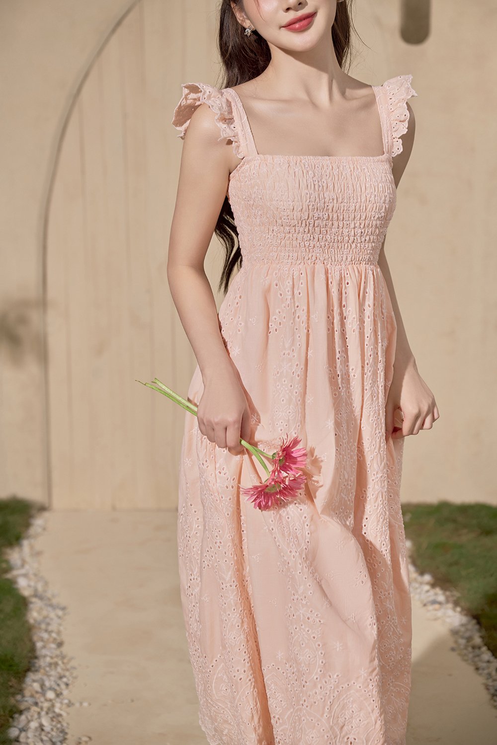 Camille Flutter Sleeves Embroidery Anglaise Dress in Peach Coral