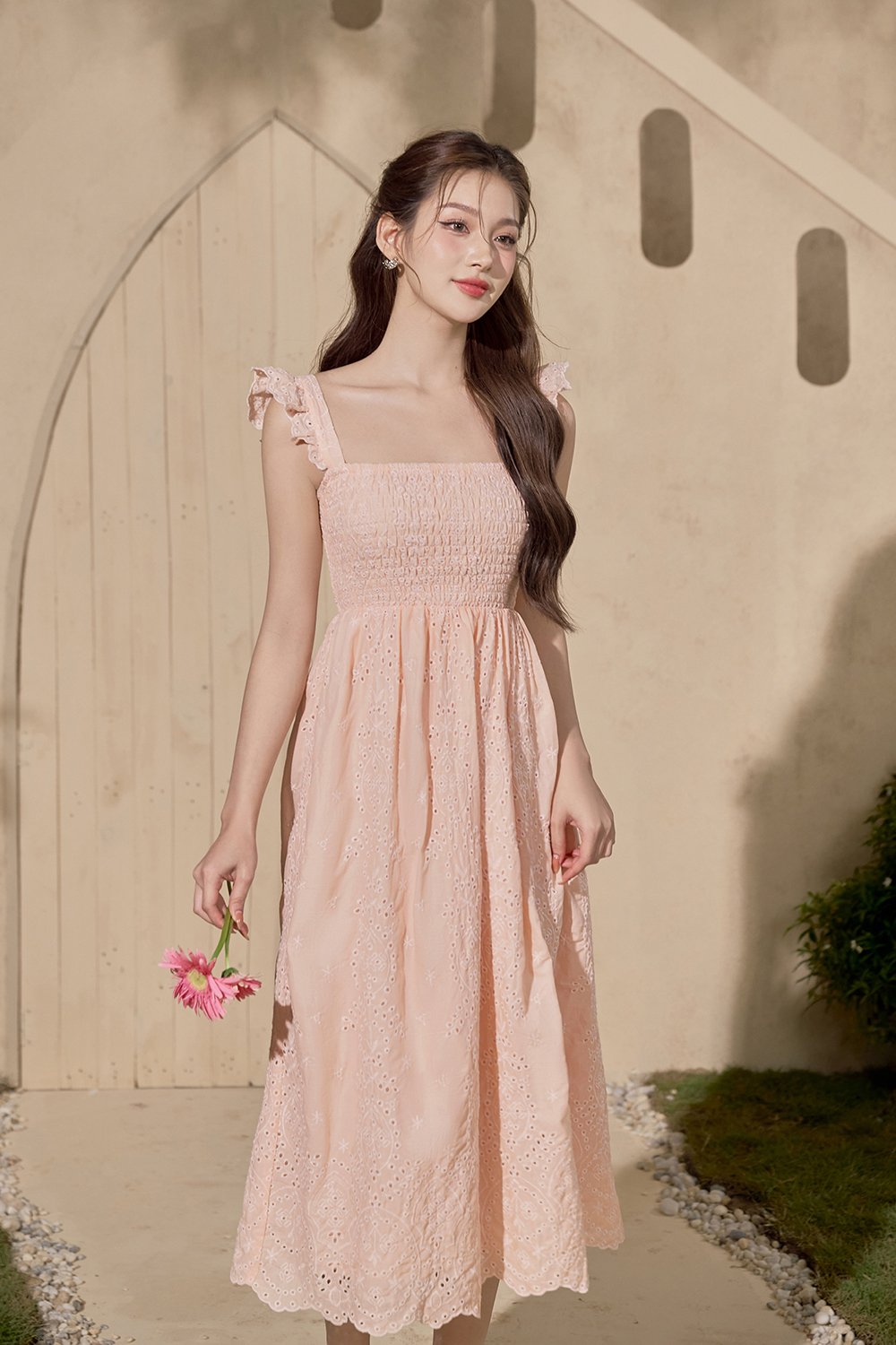 Camille Flutter Sleeves Embroidery Anglaise Dress in Peach Coral