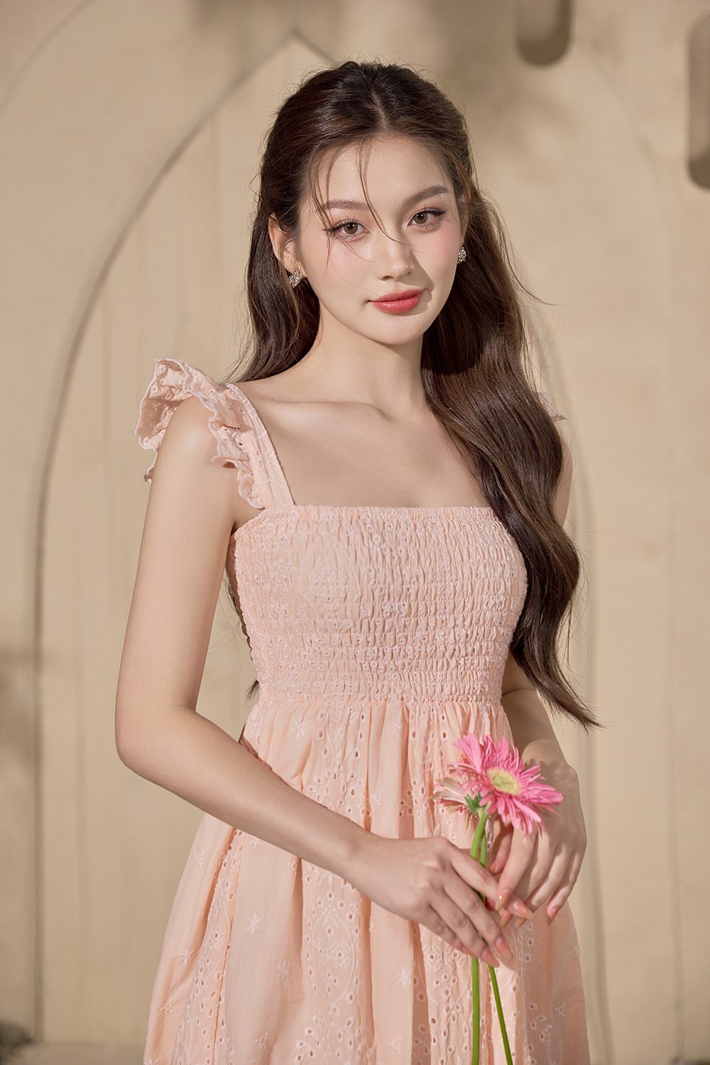 Camille Flutter Sleeves Embroidery Anglaise Dress in Peach Coral