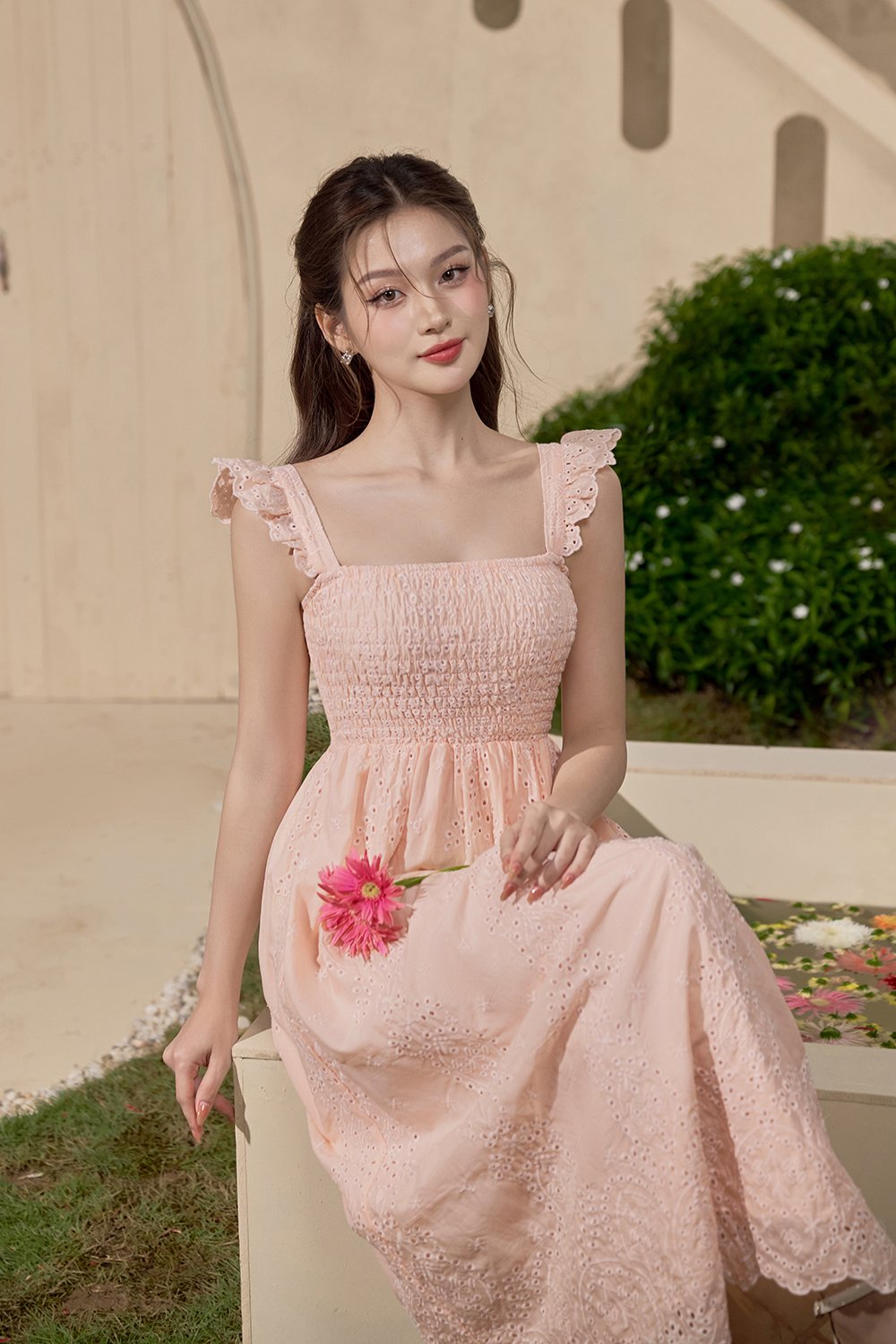 Camille Flutter Sleeves Embroidery Anglaise Dress in Peach Coral