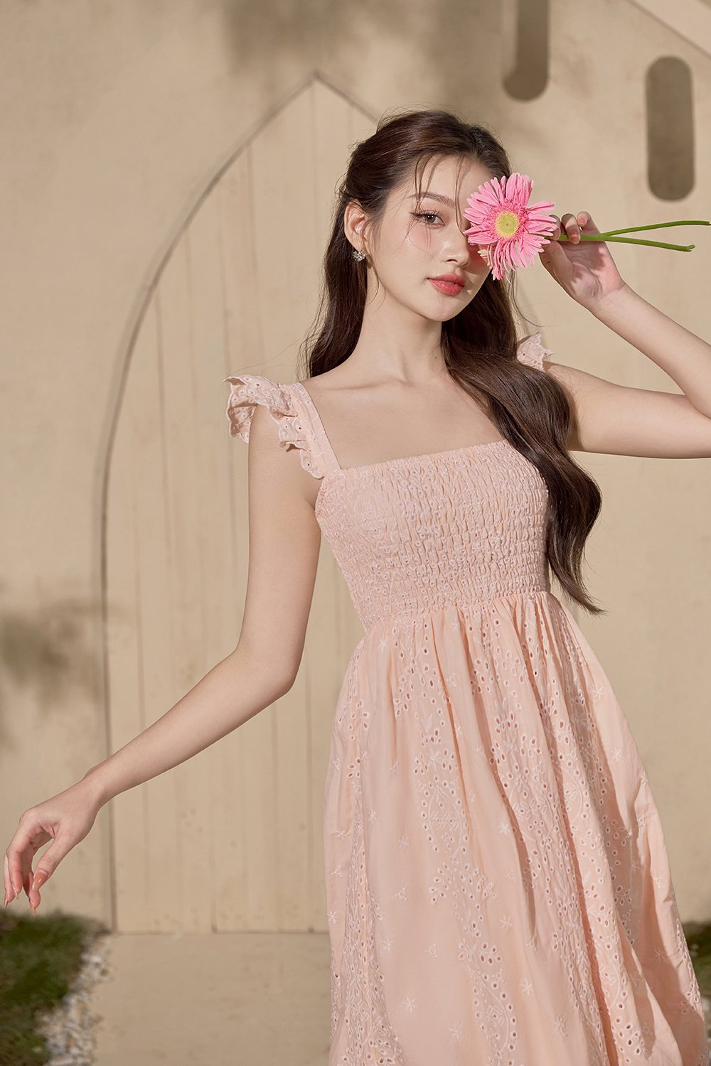 Camille Flutter Sleeves Embroidery Anglaise Dress in Peach Coral