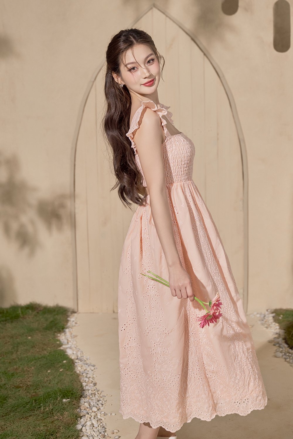 Camille Flutter Sleeves Embroidery Anglaise Dress in Peach Coral