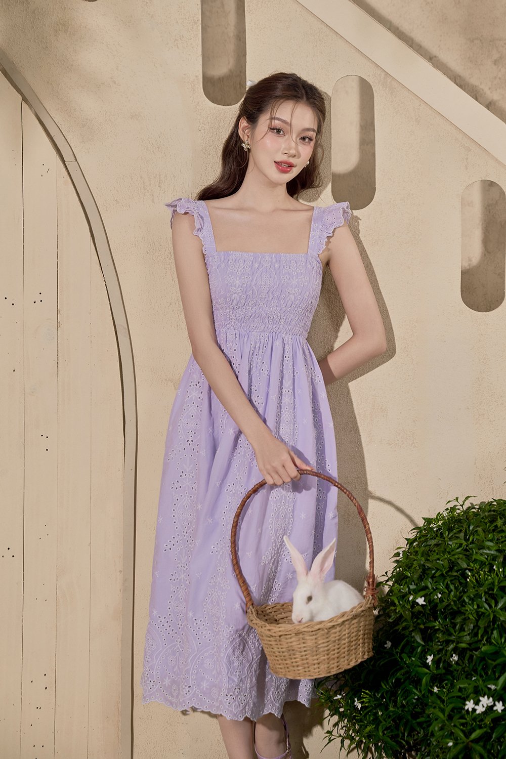 Camille Flutter Sleeves Embroidery Anglaise Dress in Romantic Lavender