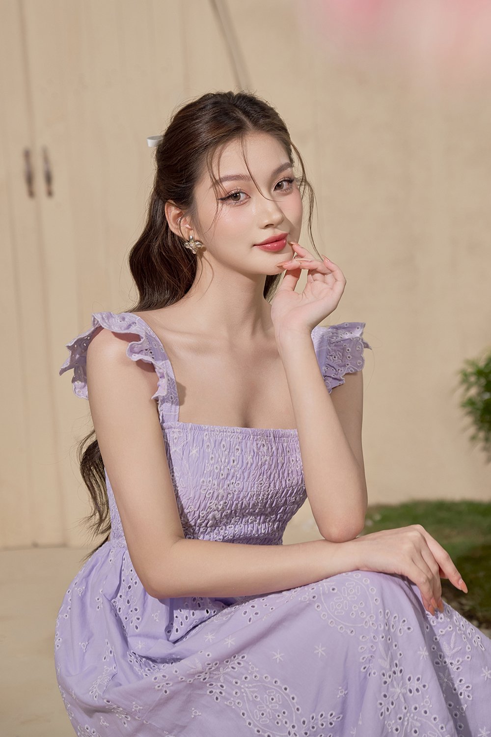 Camille Flutter Sleeves Embroidery Anglaise Dress in Romantic Lavender