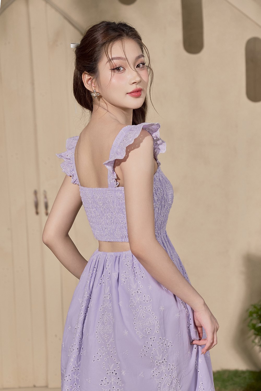 Camille Flutter Sleeves Embroidery Anglaise Dress in Romantic Lavender