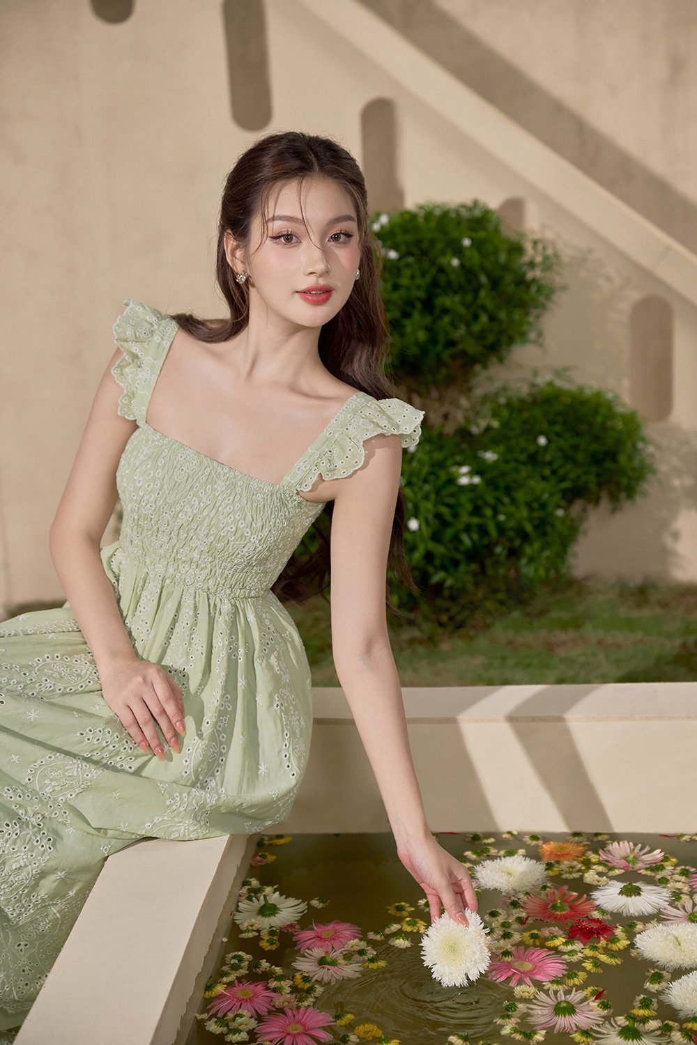 Camille Flutter Sleeves Embroidery Anglaise Dress in Tea