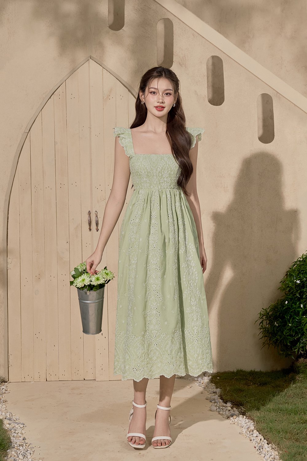Camille Flutter Sleeves Embroidery Anglaise Dress in Tea