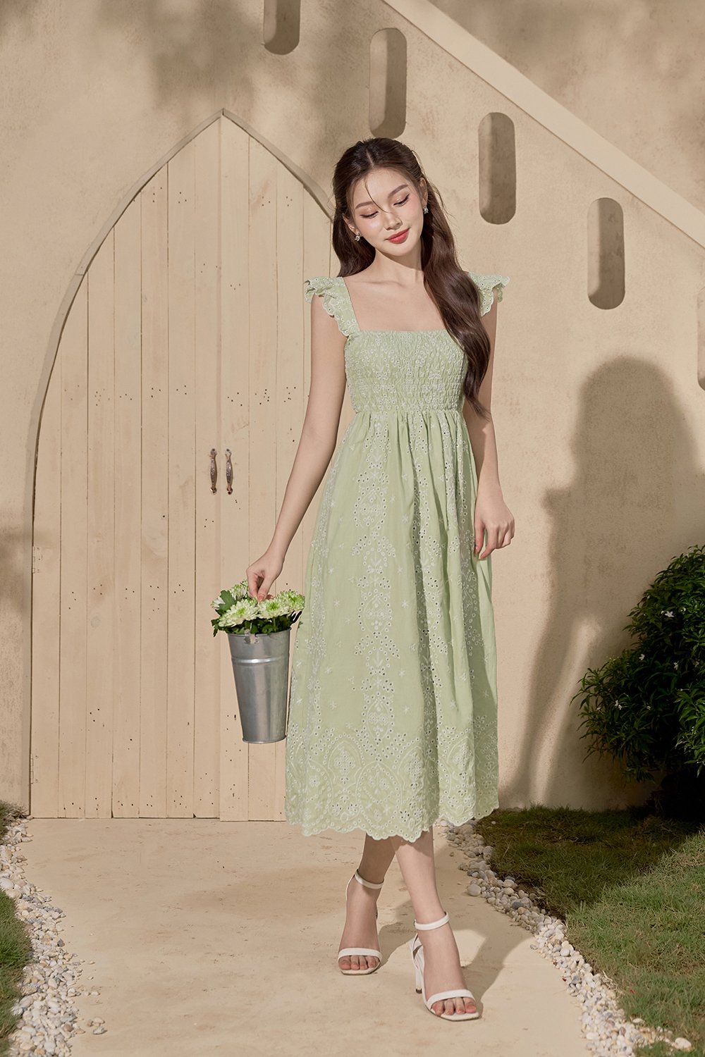 Camille Flutter Sleeves Embroidery Anglaise Dress in Tea