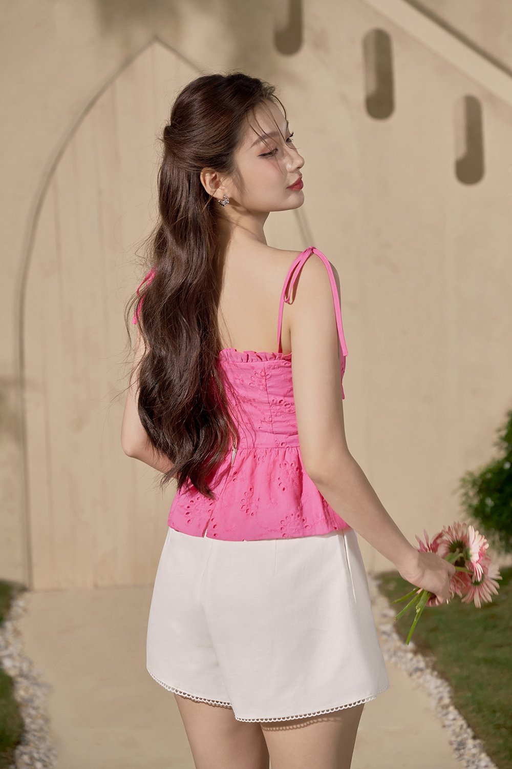 Cassia Ribbon Frill Broderie Anglaise Peplum Top in Hot Pink