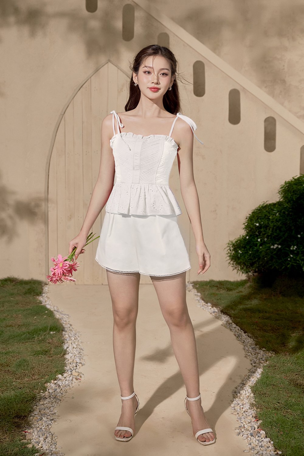 Cassia Ribbon Frill Broderie Anglaise Peplum Top in Iconic White