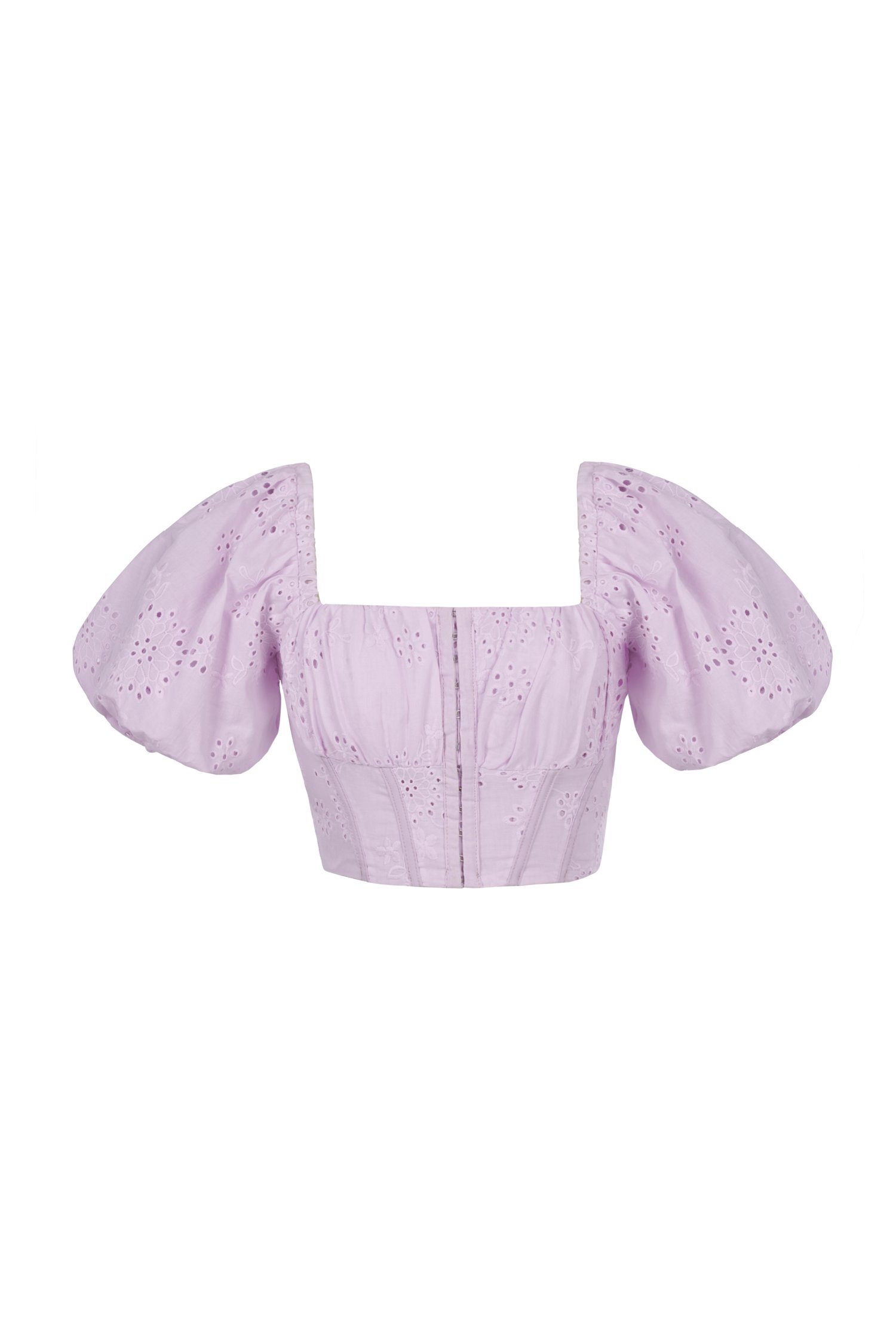 Bardou Puff Sleeves Hook & Eye Broderie Anglaise Top in Soft Lilac