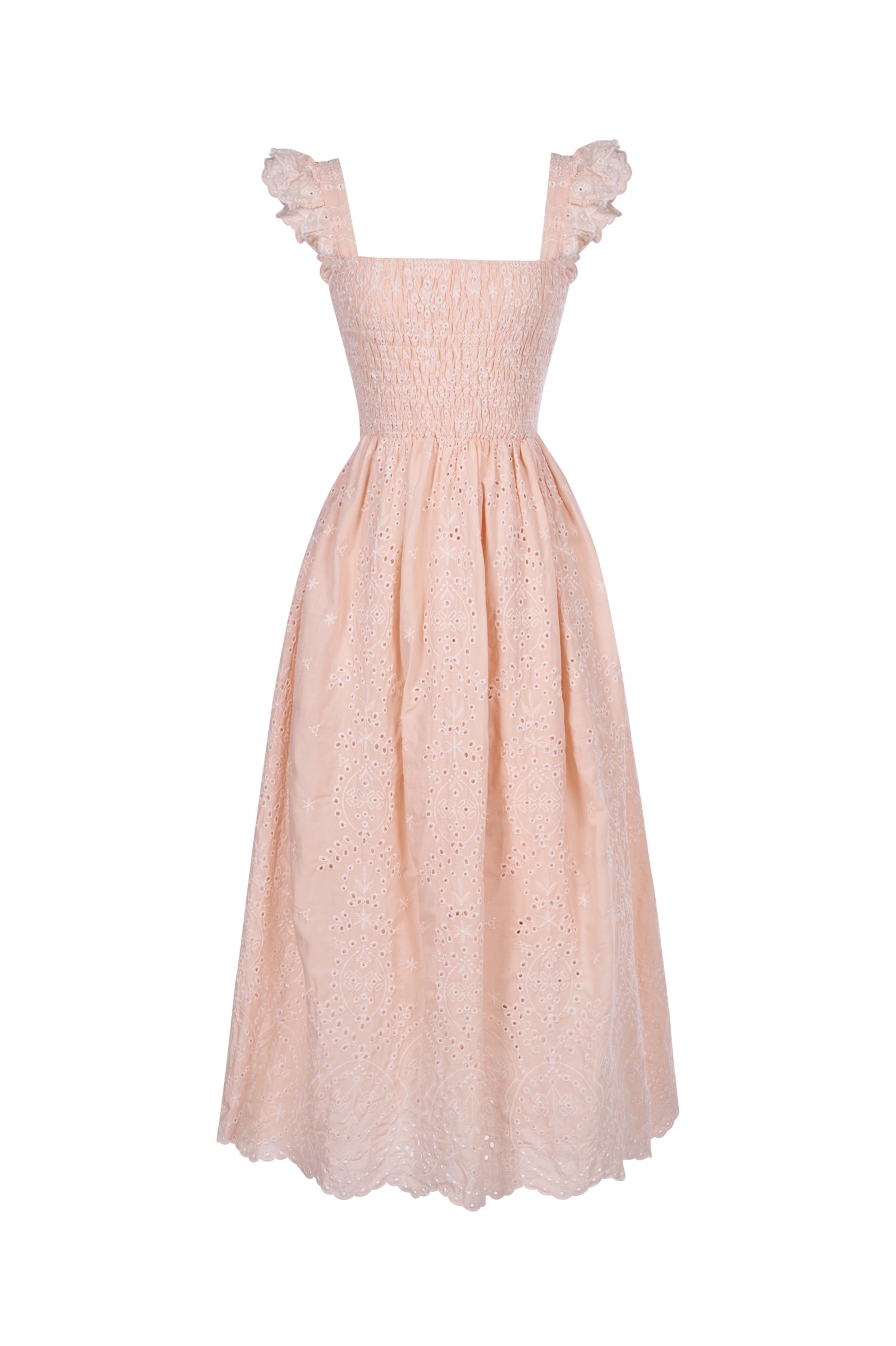 Camille Flutter Sleeves Embroidery Anglaise Dress in Peach Coral