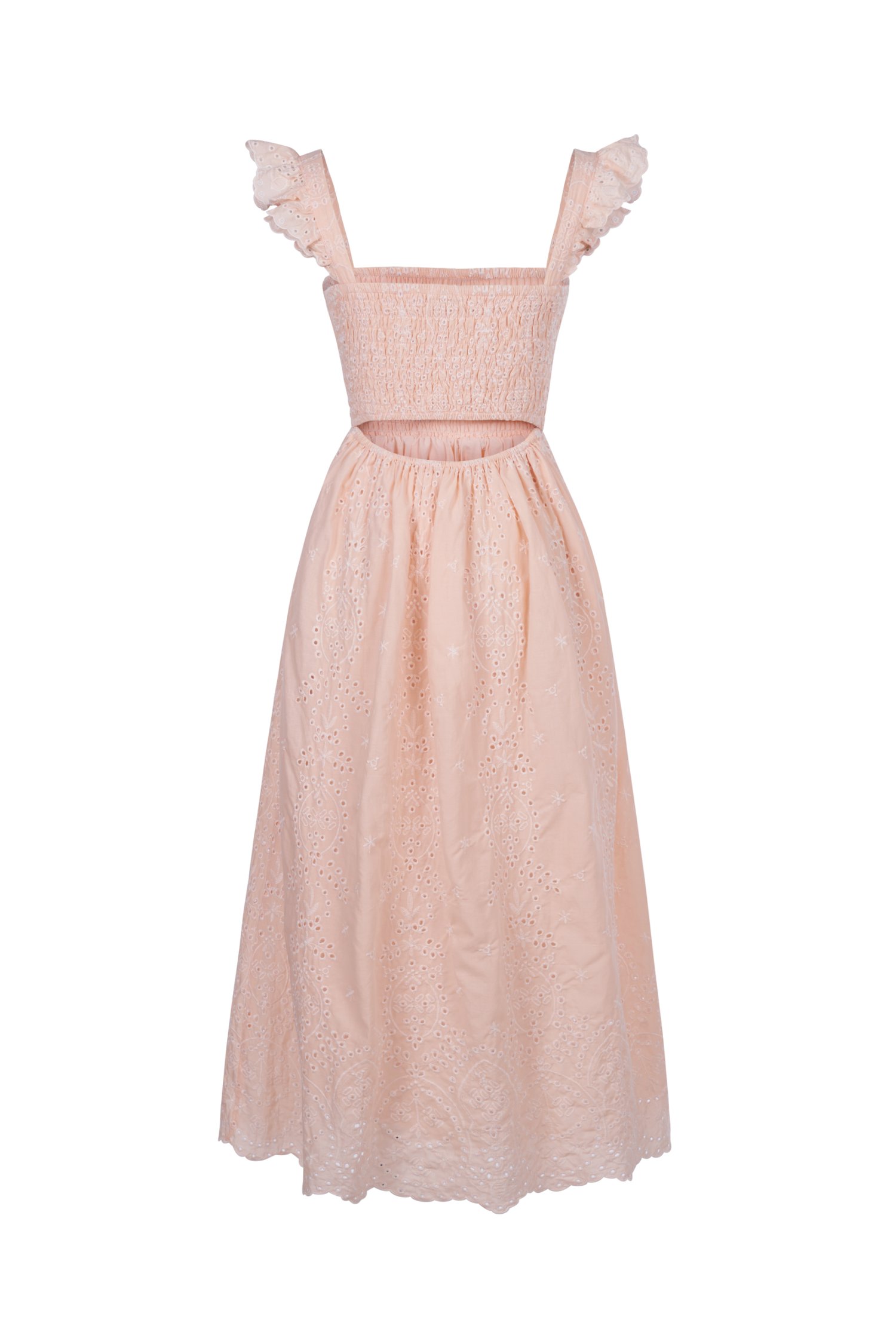 Camille Flutter Sleeves Embroidery Anglaise Dress in Peach Coral