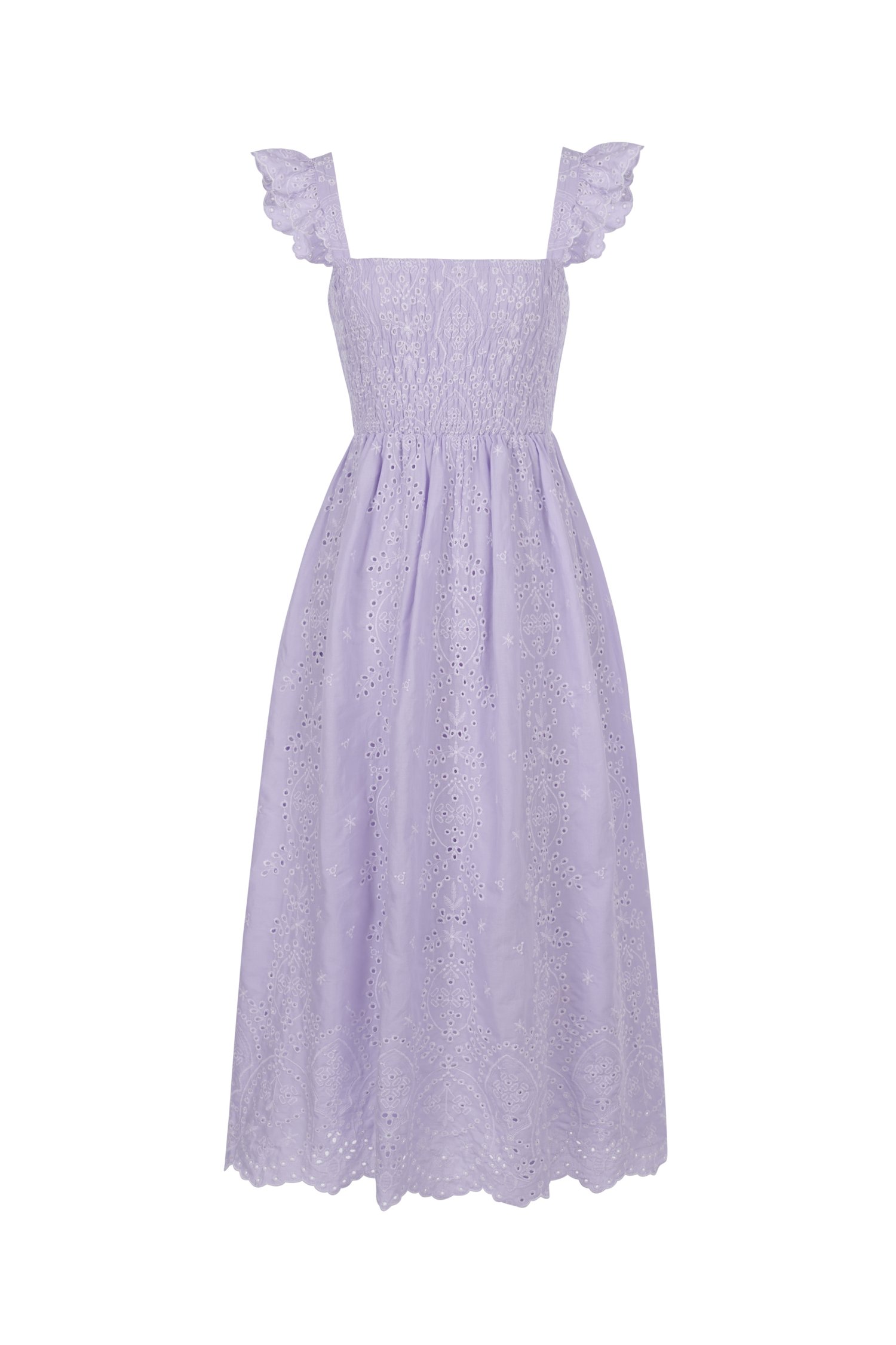 Camille Flutter Sleeves Embroidery Anglaise Dress in Romantic Lavender