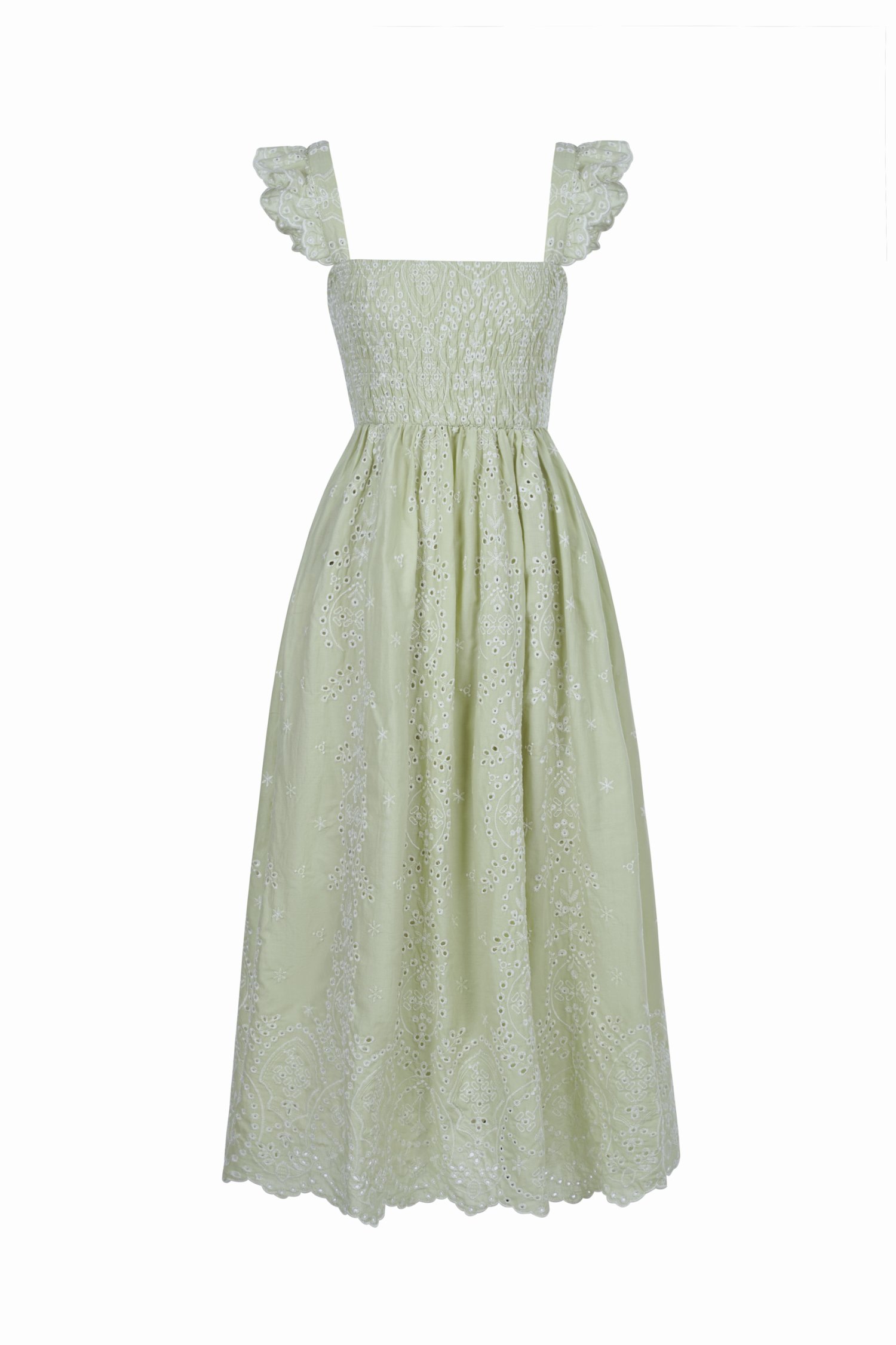 Camille Flutter Sleeves Embroidery Anglaise Dress in Tea