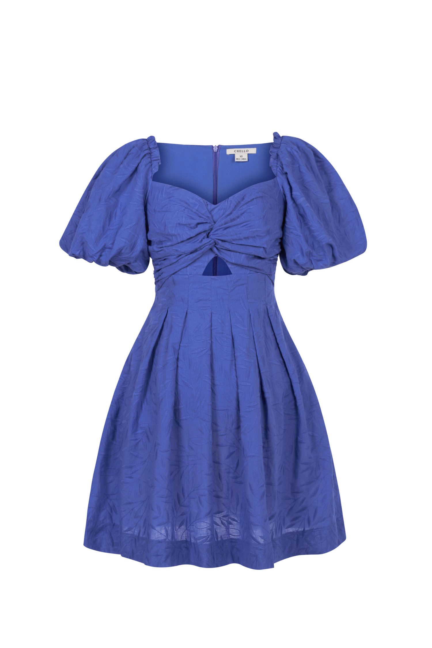 Sundance Puffy Sleeves A-Line Broderie Anglaise Mini Dress in Sapphire Blue