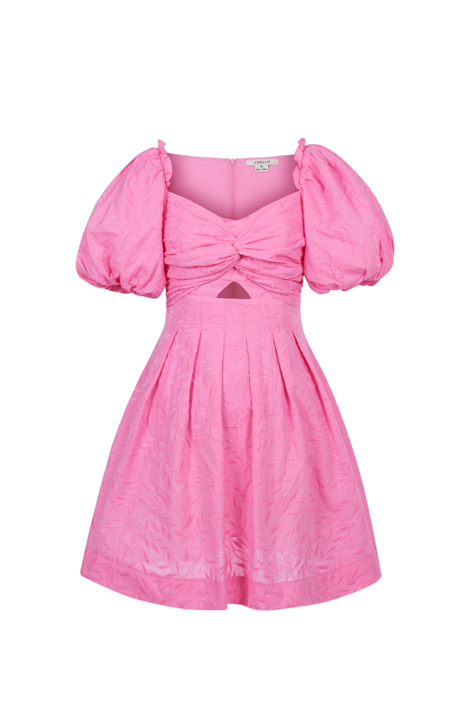 Sundance Puffy Sleeves A-Line Broderie Anglaise Mini Dress in Bubblegum Pink