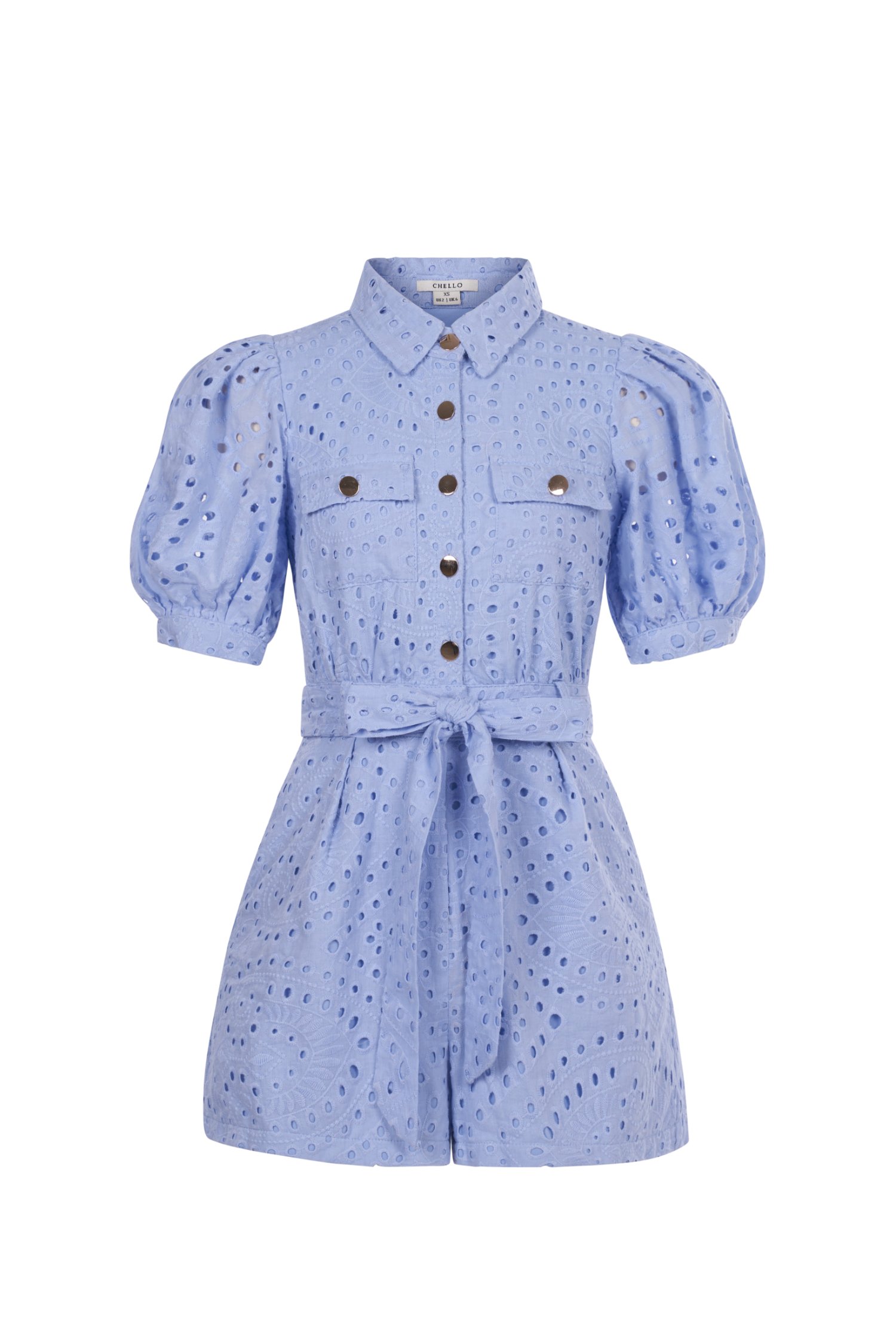 Aspen Puff Sleeves Broderie Anglaise Romper in Periwinkle Blue