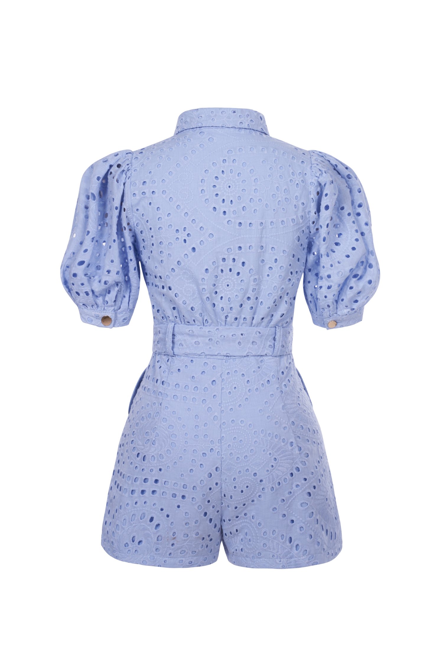 Aspen Puff Sleeves Broderie Anglaise Romper in Periwinkle Blue