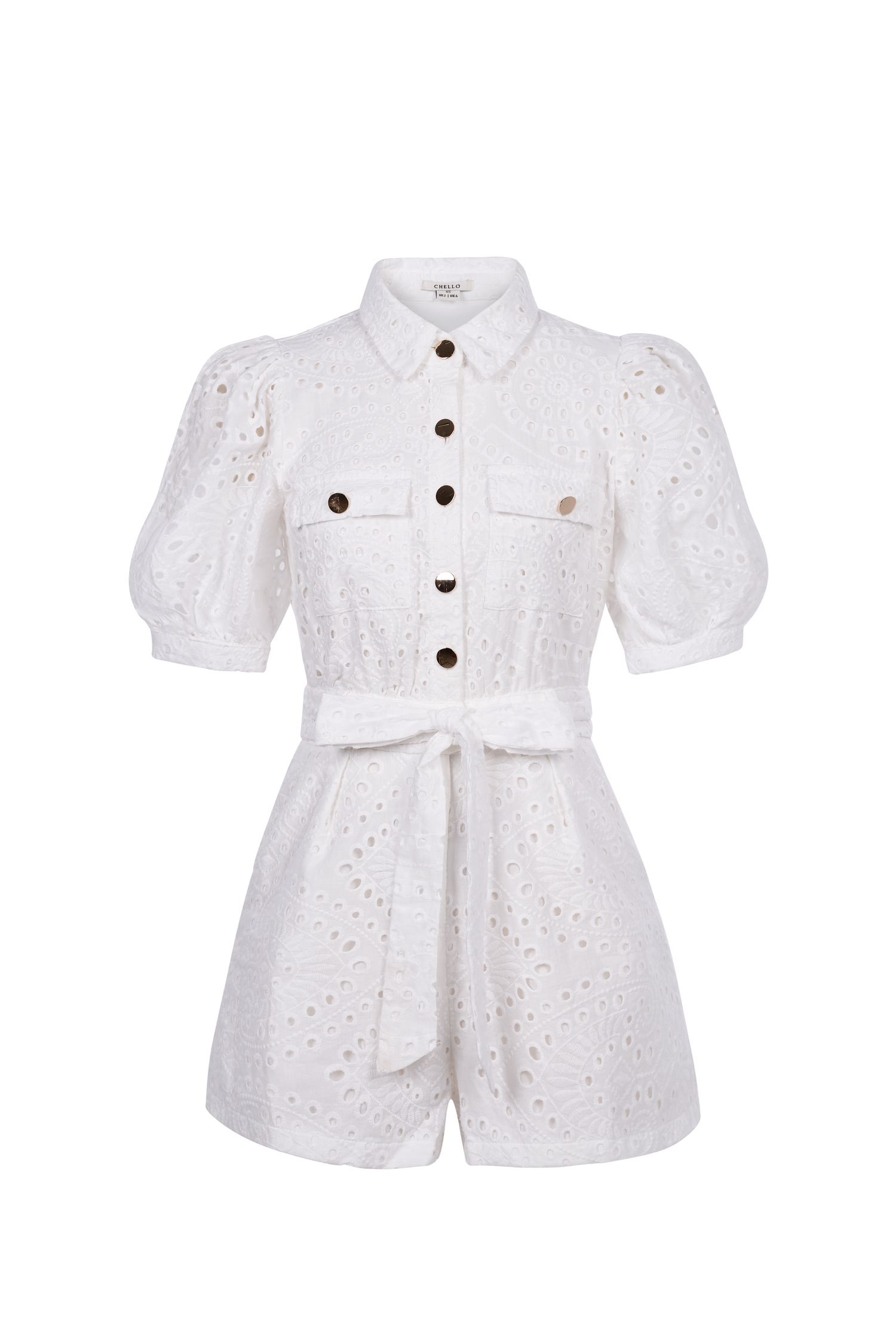 Aspen Puff Sleeves Broderie Anglaise Romper in Iconic White