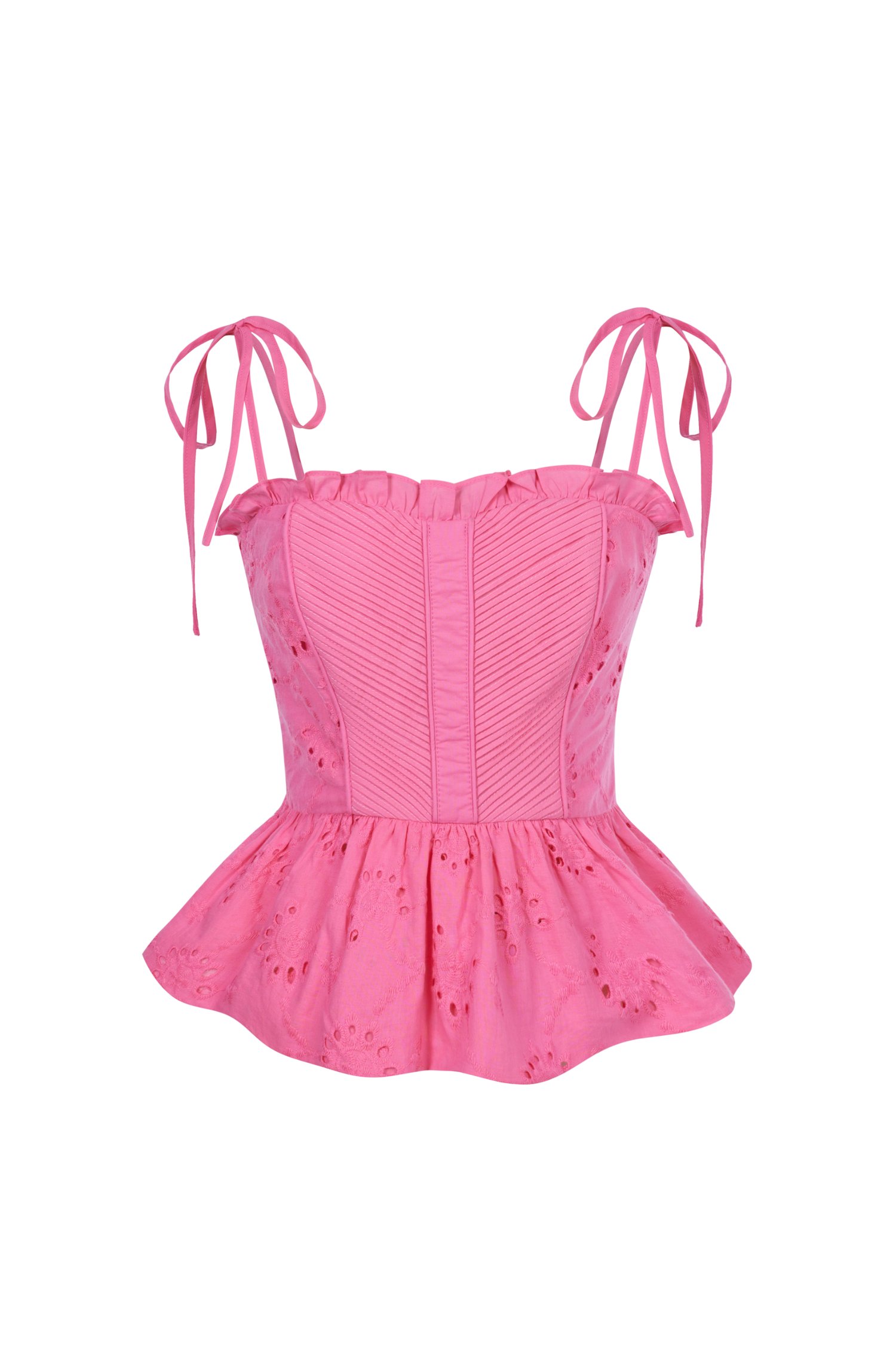 Cassia Ribbon Frill Broderie Anglaise Peplum Top in Hot Pink