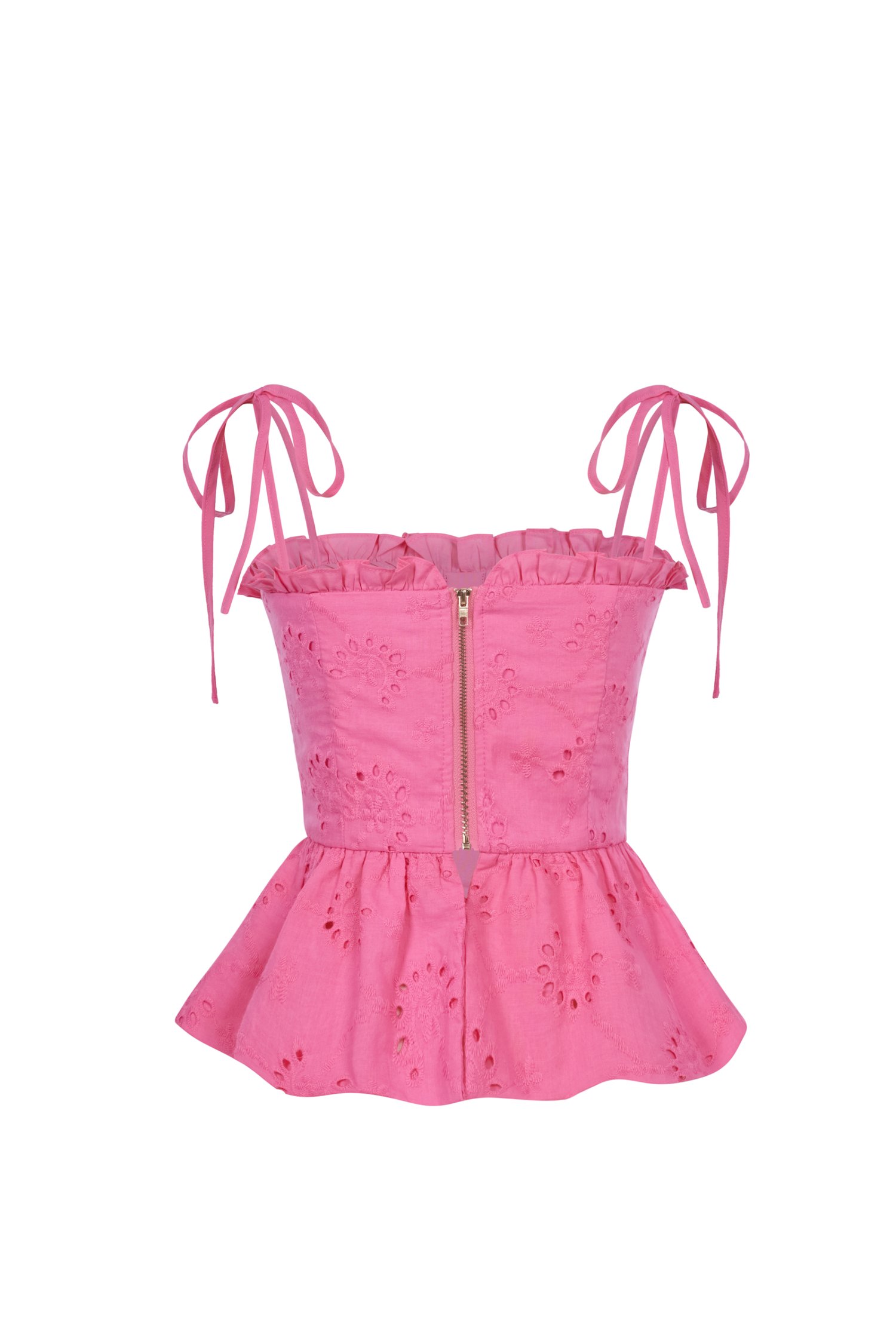 Cassia Ribbon Frill Broderie Anglaise Peplum Top in Hot Pink