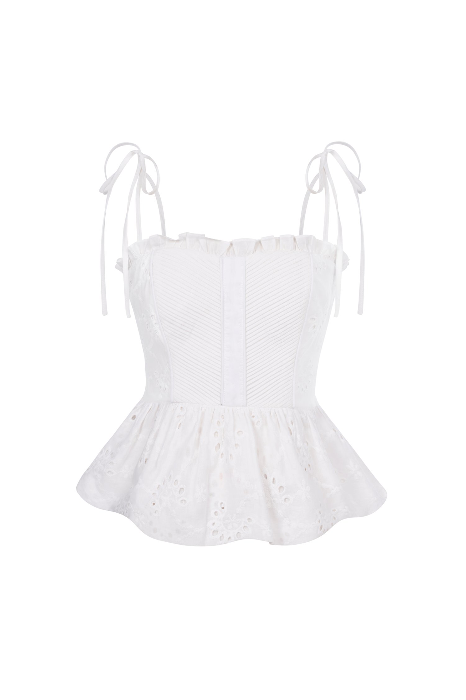 Cassia Ribbon Frill Broderie Anglaise Peplum Top in Iconic White