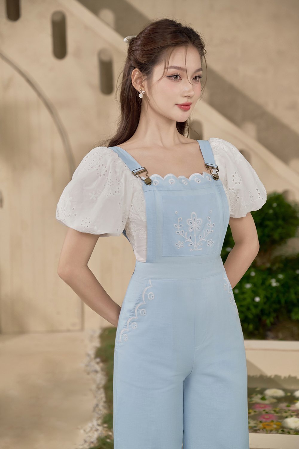 Lucerne Linen Embroidered Dungarees in Baby Blue