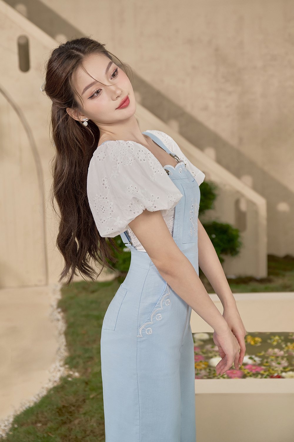 Lucerne Linen Embroidered Dungarees in Baby Blue