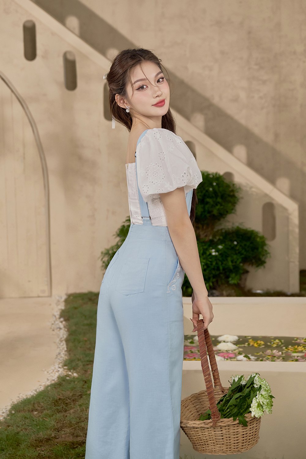 Lucerne Linen Embroidered Dungarees in Baby Blue