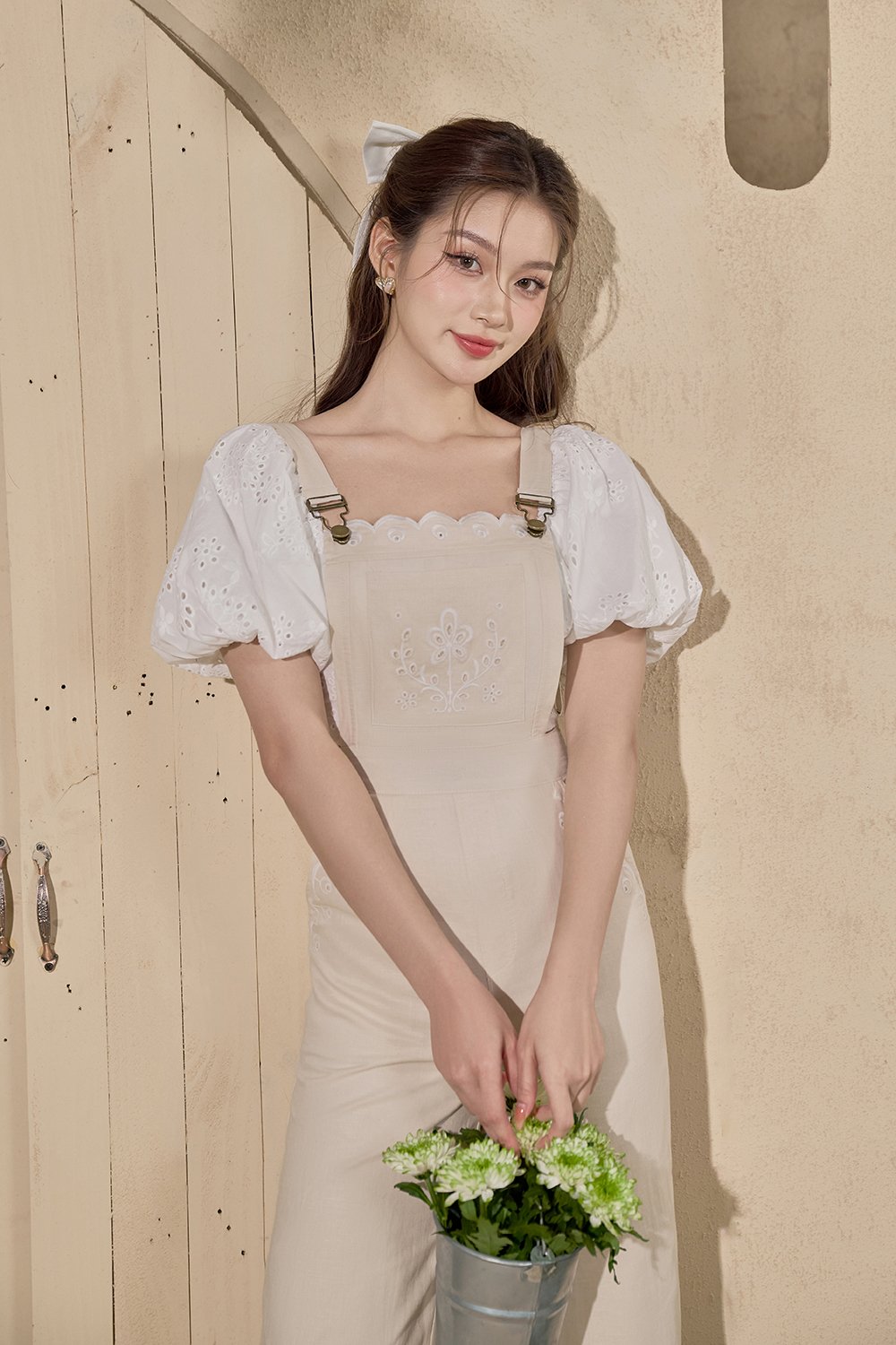Lucerne Linen Embroidered Dungarees in Ecru