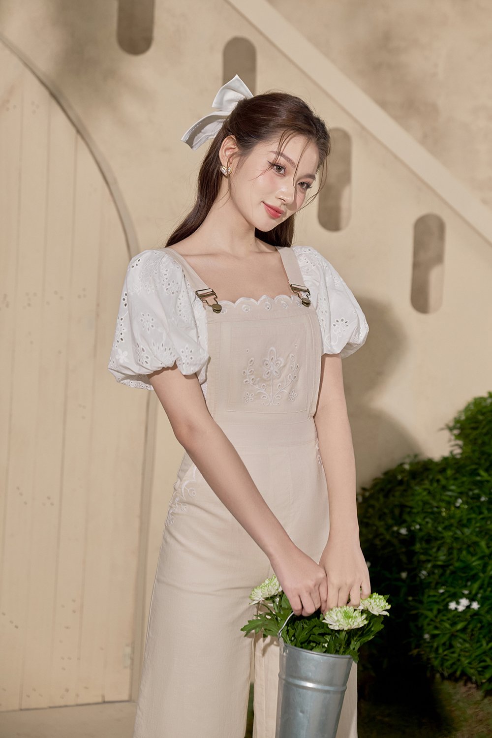 Lucerne Linen Embroidered Dungarees in Ecru