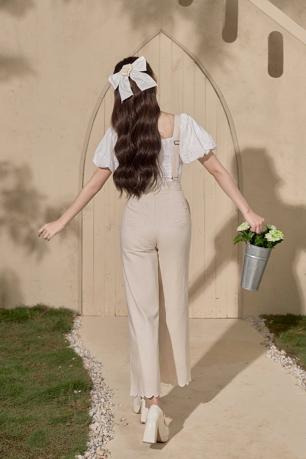 Lucerne Linen Embroidered Dungarees in Ecru