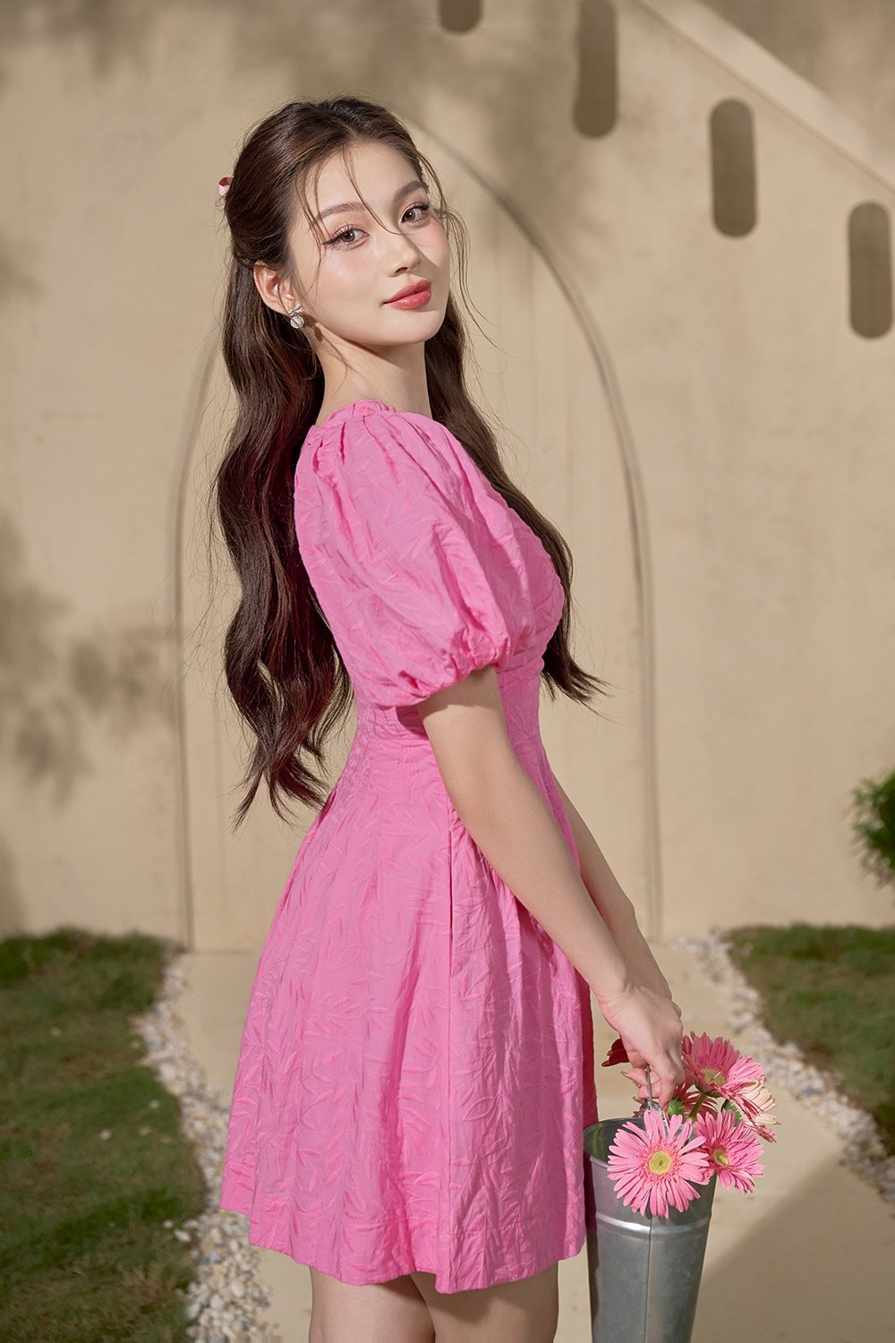 Sundance Puffy Sleeves A-Line Broderie Anglaise Mini Dress in Bubblegum Pink