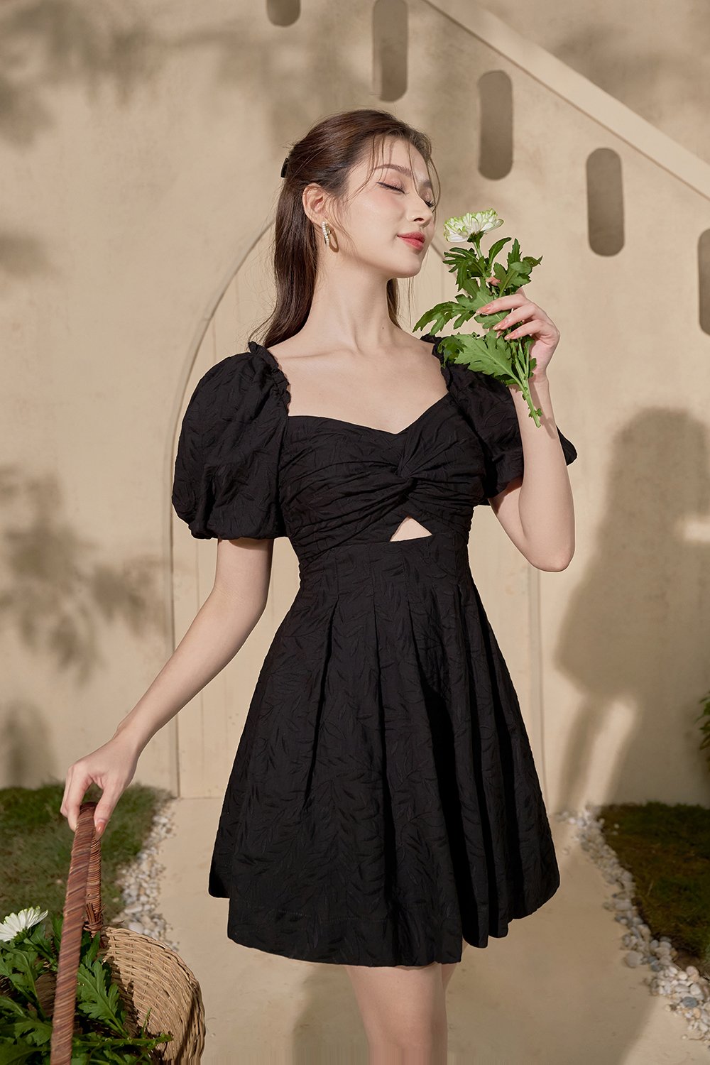 Sundance Puffy Sleeves A-Line Broderie Anglaise Mini Dress in Classic Black