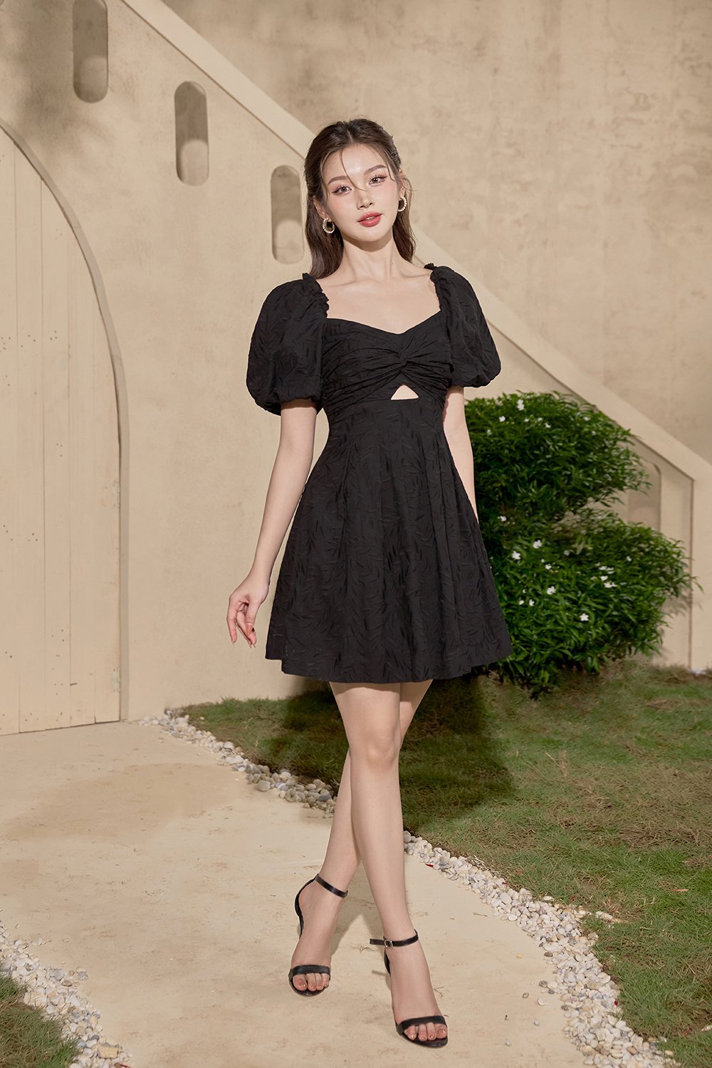 Sundance Puffy Sleeves A-Line Broderie Anglaise Mini Dress in Classic Black