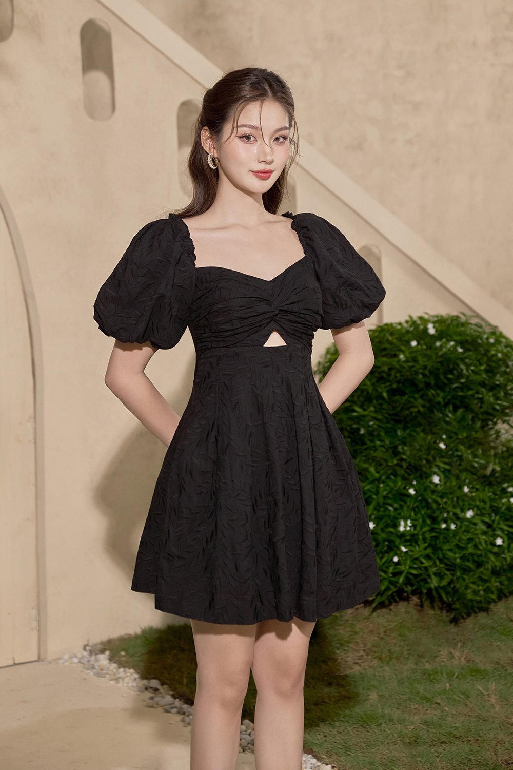 Sundance Puffy Sleeves A-Line Broderie Anglaise Mini Dress in Classic Black