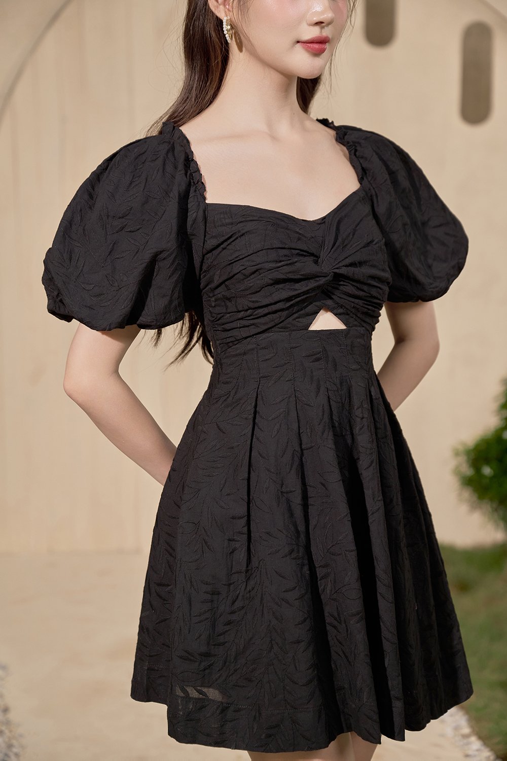 Sundance Puffy Sleeves A-Line Broderie Anglaise Mini Dress in Classic Black