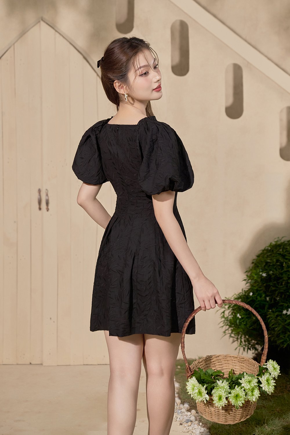 Sundance Puffy Sleeves A-Line Broderie Anglaise Mini Dress in Classic Black