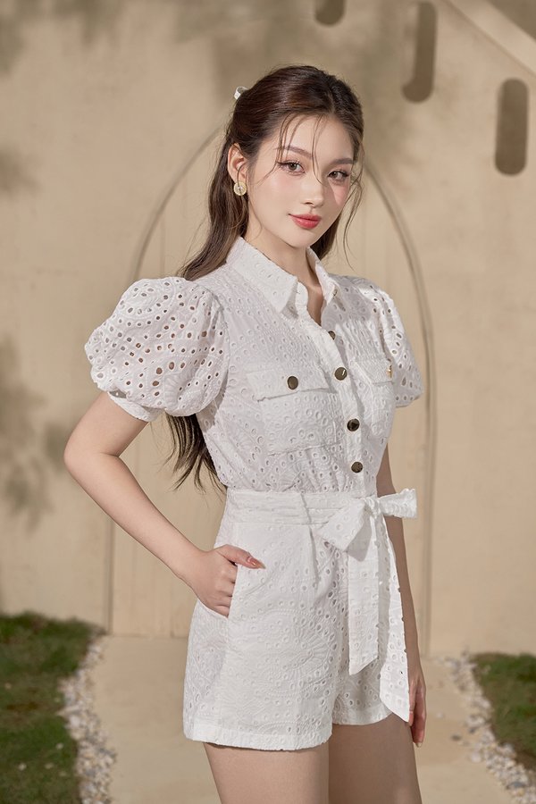 Aspen Puff Sleeves Broderie Anglaise Romper in Iconic White