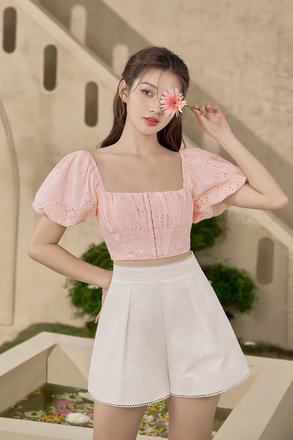 Bardou Puff Sleeves Hook & Eye Broderie Anglaise Top in Light Peach