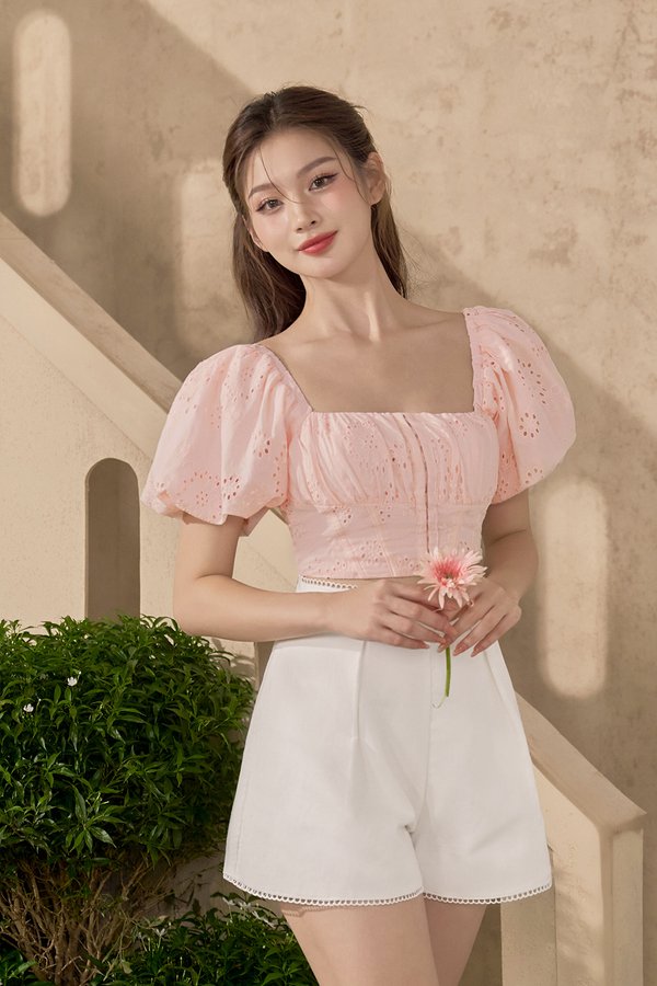 Bardou Puff Sleeves Hook & Eye Broderie Anglaise Top in Light Peach
