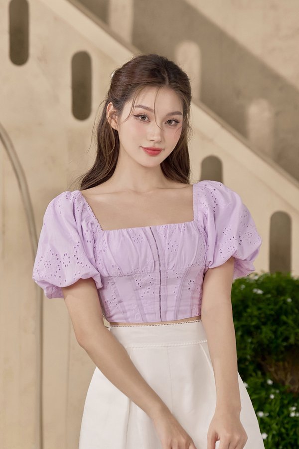 Bardou Puff Sleeves Hook & Eye Broderie Anglaise Top in Soft Lilac