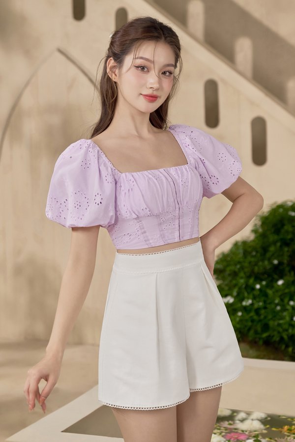 Bardou Puff Sleeves Hook & Eye Broderie Anglaise Top in Soft Lilac