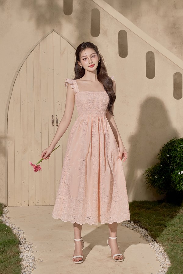Camille Flutter Sleeves Embroidery Anglaise Dress in Peach Coral