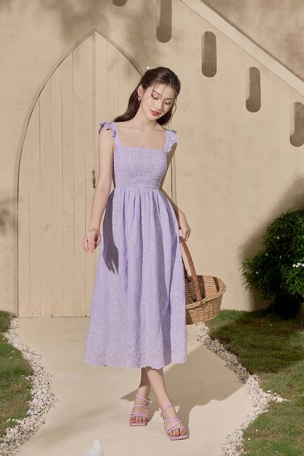 Camille Flutter Sleeves Embroidery Anglaise Dress in Romantic Lavender